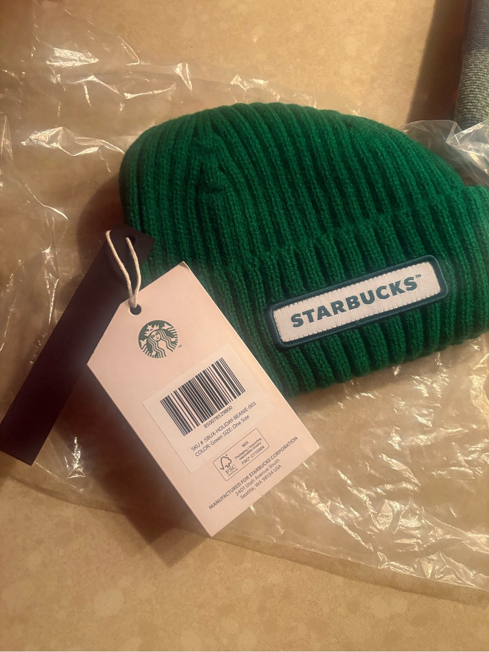 Starbucks Green Ribbed Beanie Hat with White Logo Patch - Picture 3 of 3